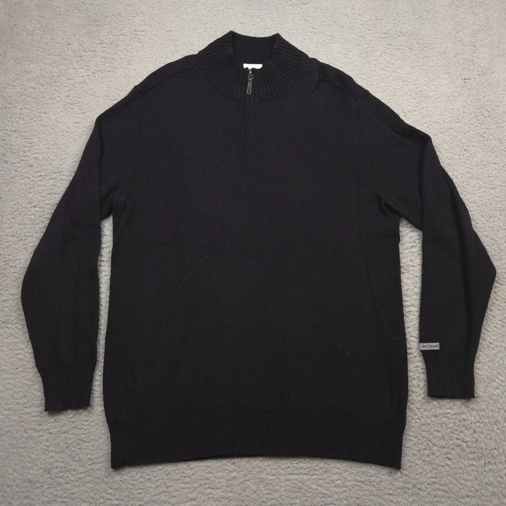 Columbia Mens Large Black Quarter Zip Cotton Wool Sweater Mock Neck Outdoor‎
